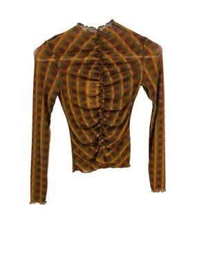 Anthropologie find me now Ruched Plaid Long-Sleeve Top in Olive & Rust NWT
